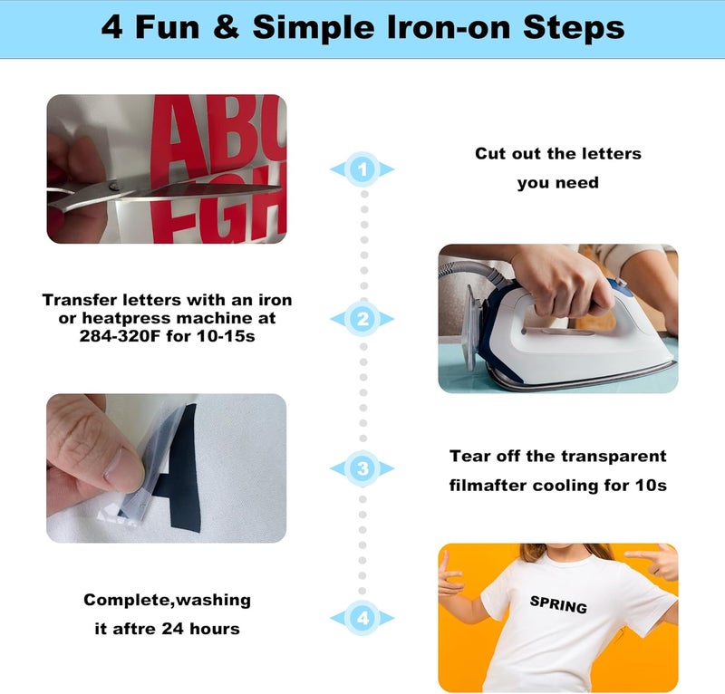 LONGMUU 220 Pieces Iron on Letters for Clothing, 5 Sheets of Blue Heat Transfer Vinyl for T Shirts, A-Z Patches PU DIY Crafts Alphabets Sticker for Fabric - Image 4